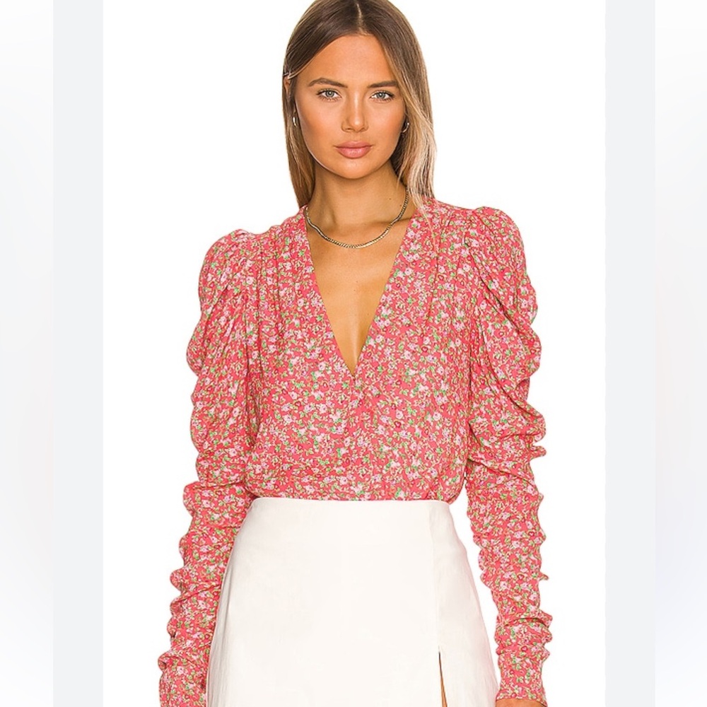AFRM/Revolve Danna Bodysuit in Ted Ditzy Pink Floral Shirt